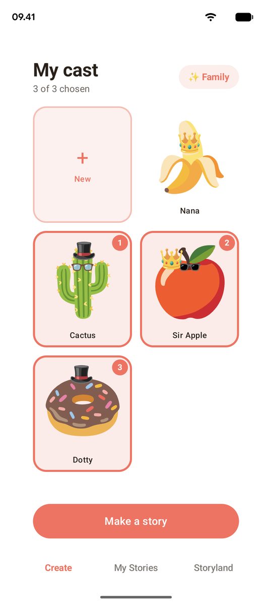 My cast: Cactus, Sir Apple and Dotty the donut chosen for a story.