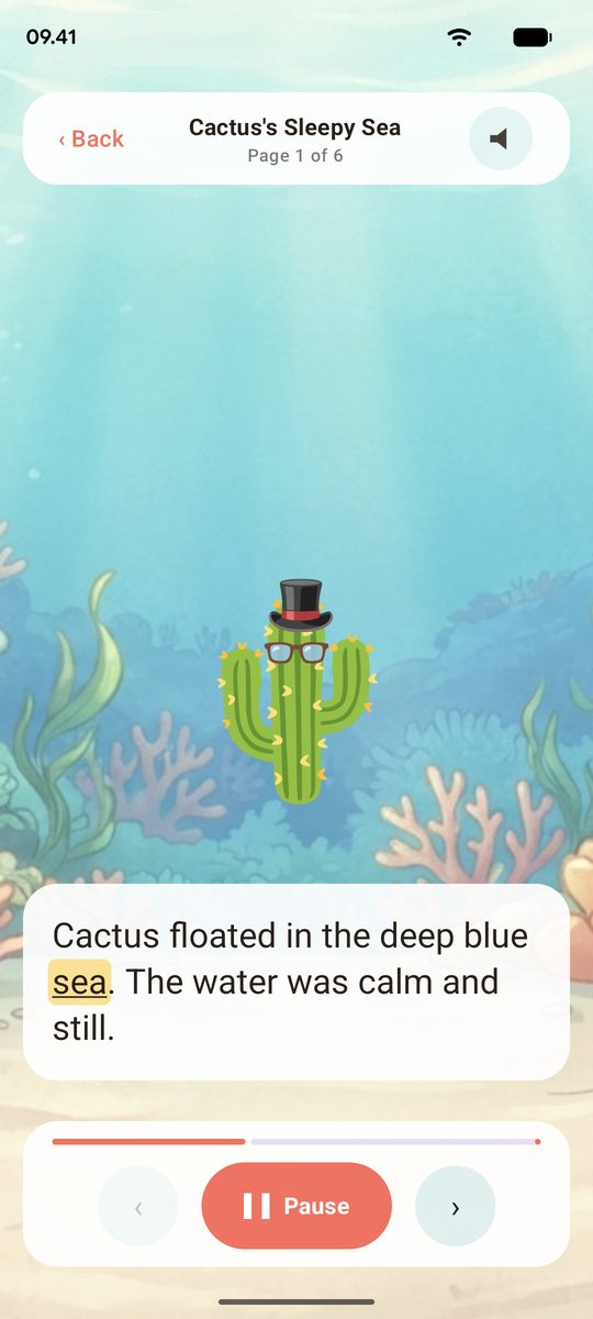 The Storymoji reader: a cactus in a top hat and glasses floating on an illustrated undersea page, with the word 'sea' highlighted as it is read aloud.