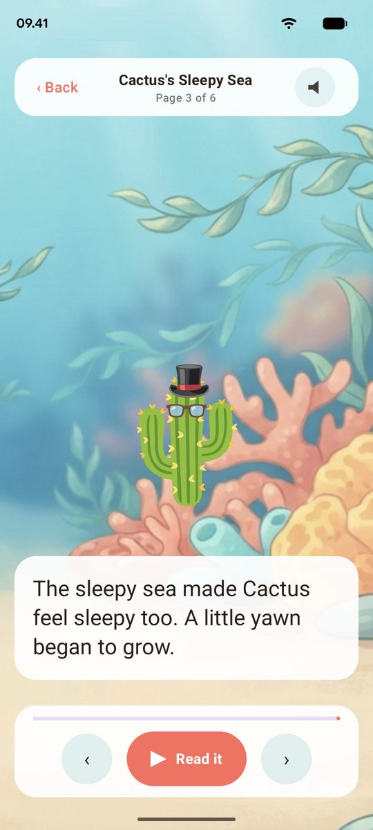 A later page of the story: Cactus among coral and kelp, feeling sleepy.