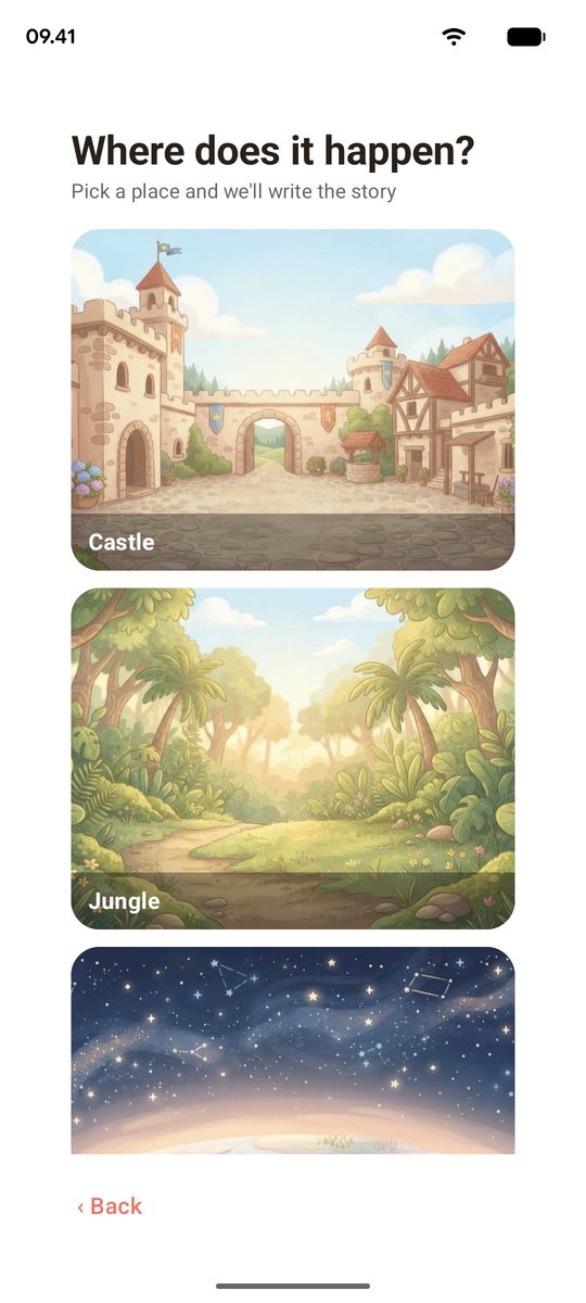 Choosing where the story happens: an illustrated castle, jungle or starry sky.