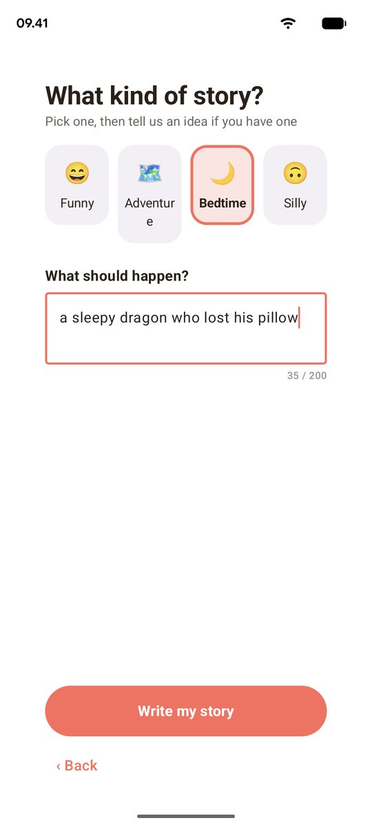 Choosing a bedtime story, with the idea 'a sleepy dragon who lost his pillow'.
